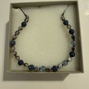 Murano Glass Beaded Women's Necklace in Navy Blue, Gray and Silver